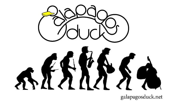 Galapagos Duck logo, with cartoon figures evolving into musicians